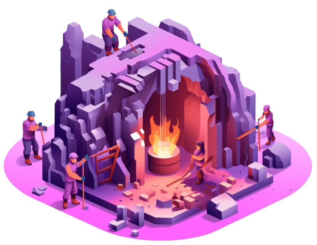 Isometrische Illustration Menschen um Höhle mit Feuer